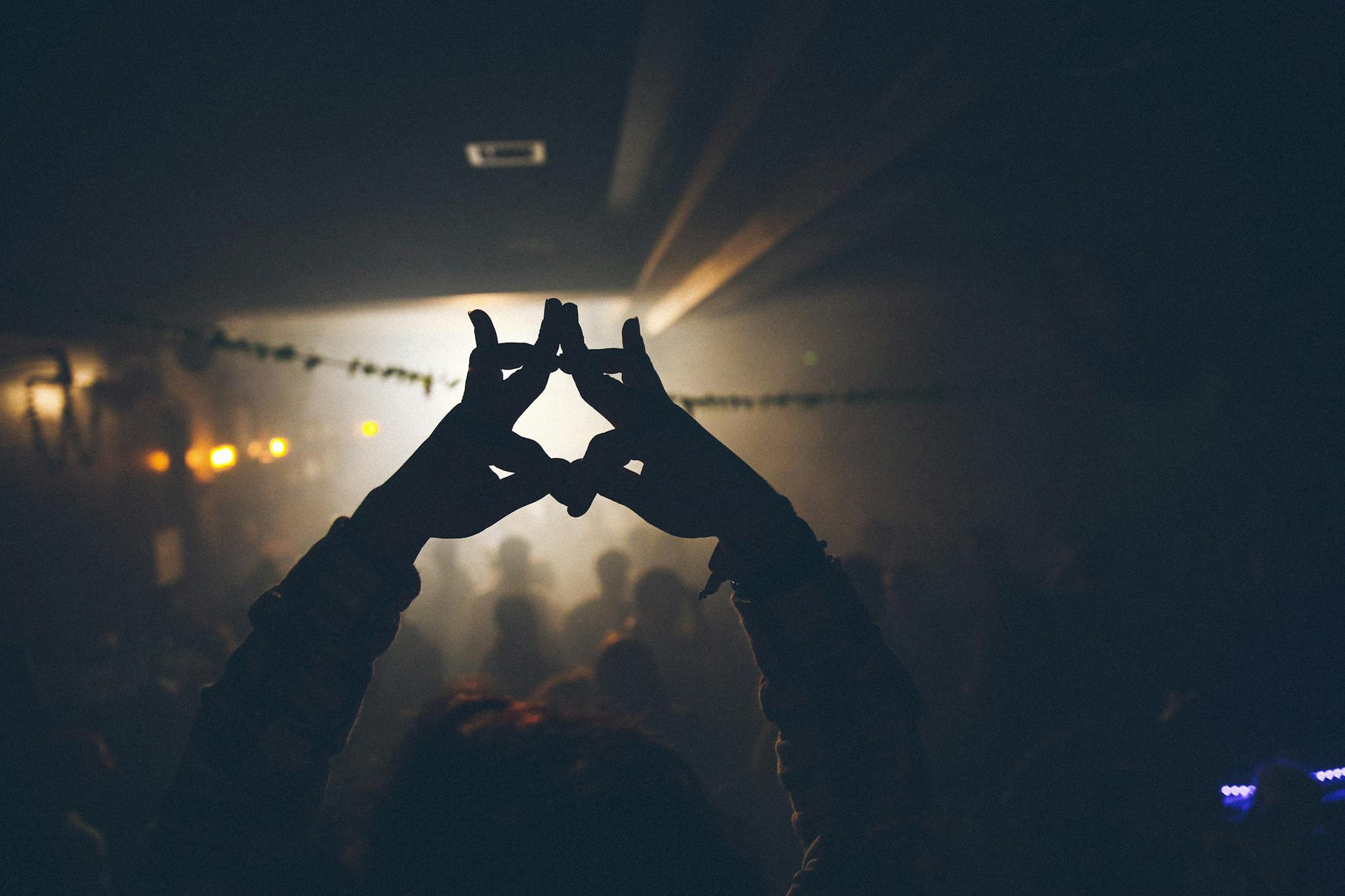 Silhouette of hands forming a shape against a backlit concert crowd, capturing a vibrant nightlife scene.